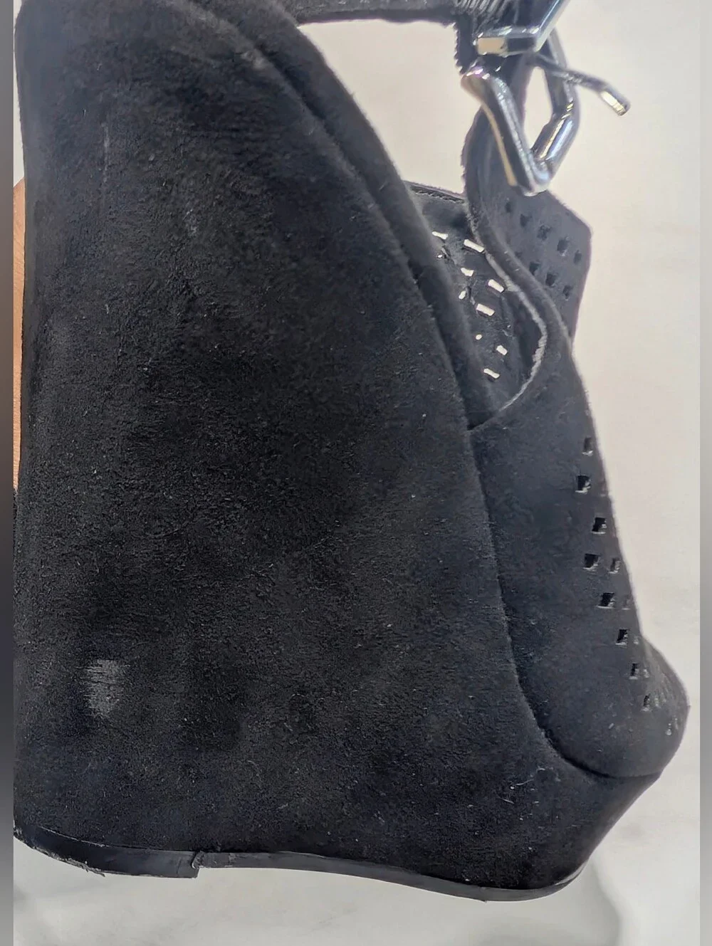 Chinese Laundry Black Perforated Peep-Toe Wedge Sandal